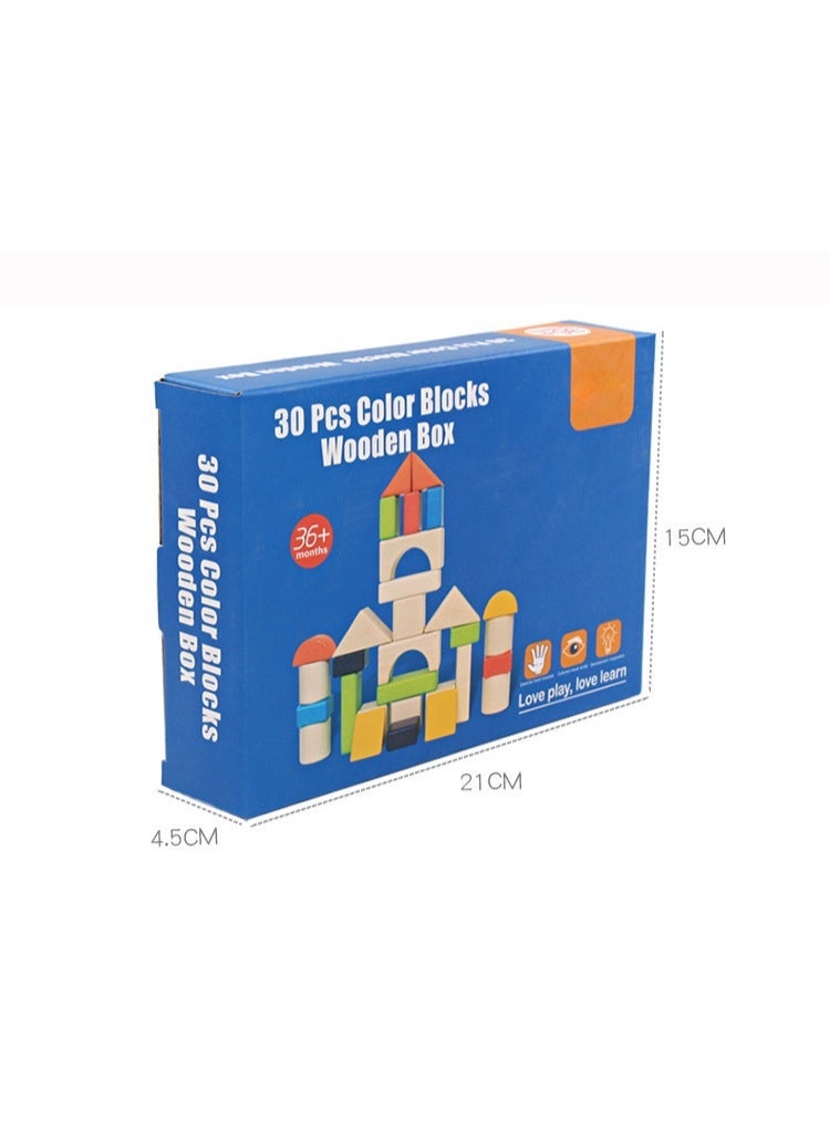 كابسترو مجموعة مكعبات بناء خشبية من كابسترو للأطفال - 30 قطعة من المكعبات الملونة في صندوق خشبي بأشكال متنوعة للتكديس والبناء | لعبة تعليمية إبداعية لمرحلة ما قبل المدرسة للأطفال من سن 3 سنوات فما فوق - Image 5